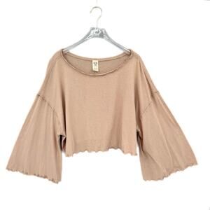 We the Free People Bird Gang Neutral Tan Crop Wide Bell Sleeve Lettuce Trim Top